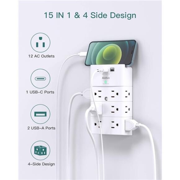 Multi Plug Outlet - Addtam Surge Protector Wall Mount with 12 Outlet Extender - Picture 2 of 8